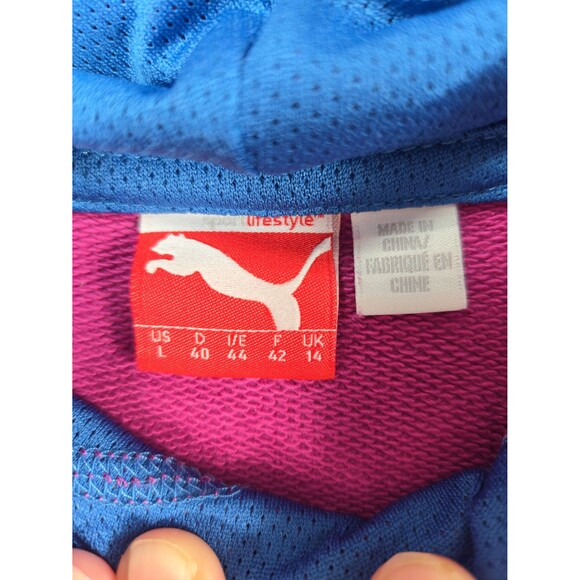 Puma Hoodie Sweatshirt Women's Large Magenta Pink & Blue Embroidered Pullover - Picture 5 of 9